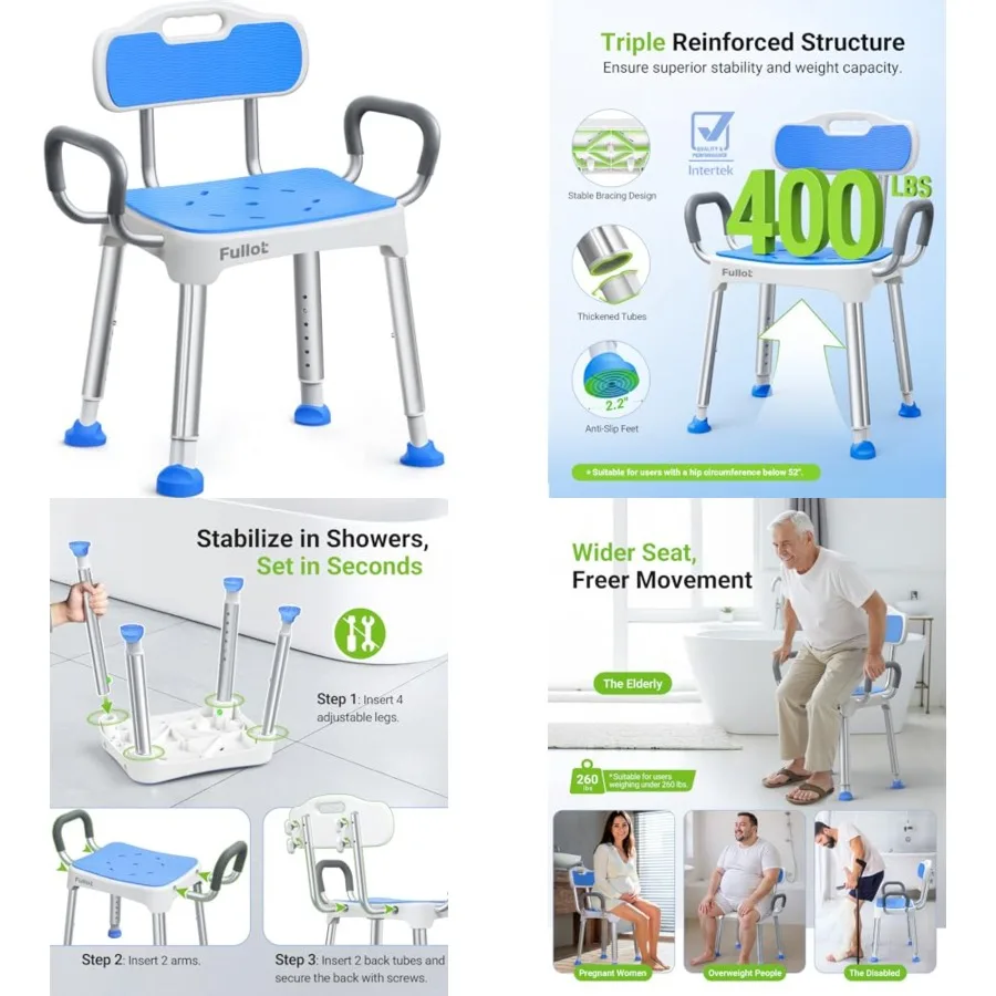 

Widened Shower Chair for Inside Shower with Padded Back and Arms, 400 lbs Heavy Duty and Adjustable Shower Chair for Elderly an