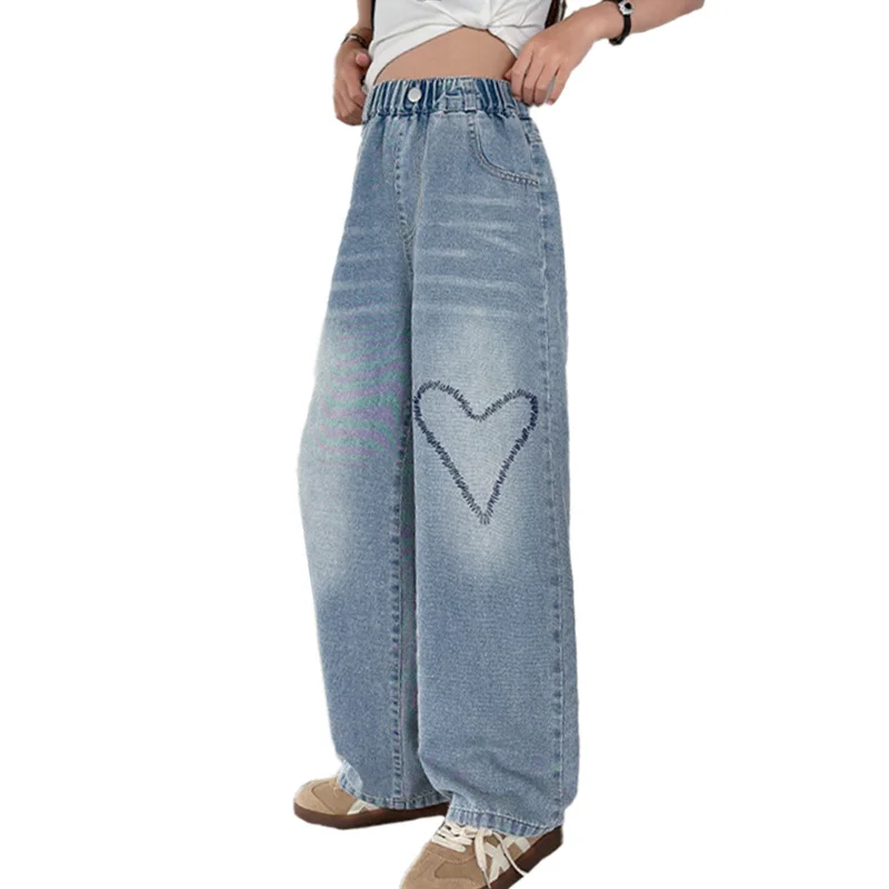 

Spring Kids Street Jeans with Heart For Teenage Girl Slim Fit Straight Casual Denim Pants Hot Girls High Waisted Jeans Trousers