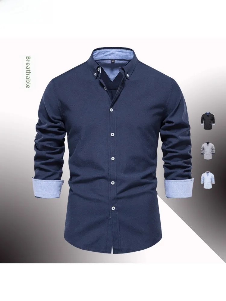 

Ele Slim Fit Long Sve Men's irt Casual Versatile Faion Pure Color European Size Spring Autumn Blue Color irt