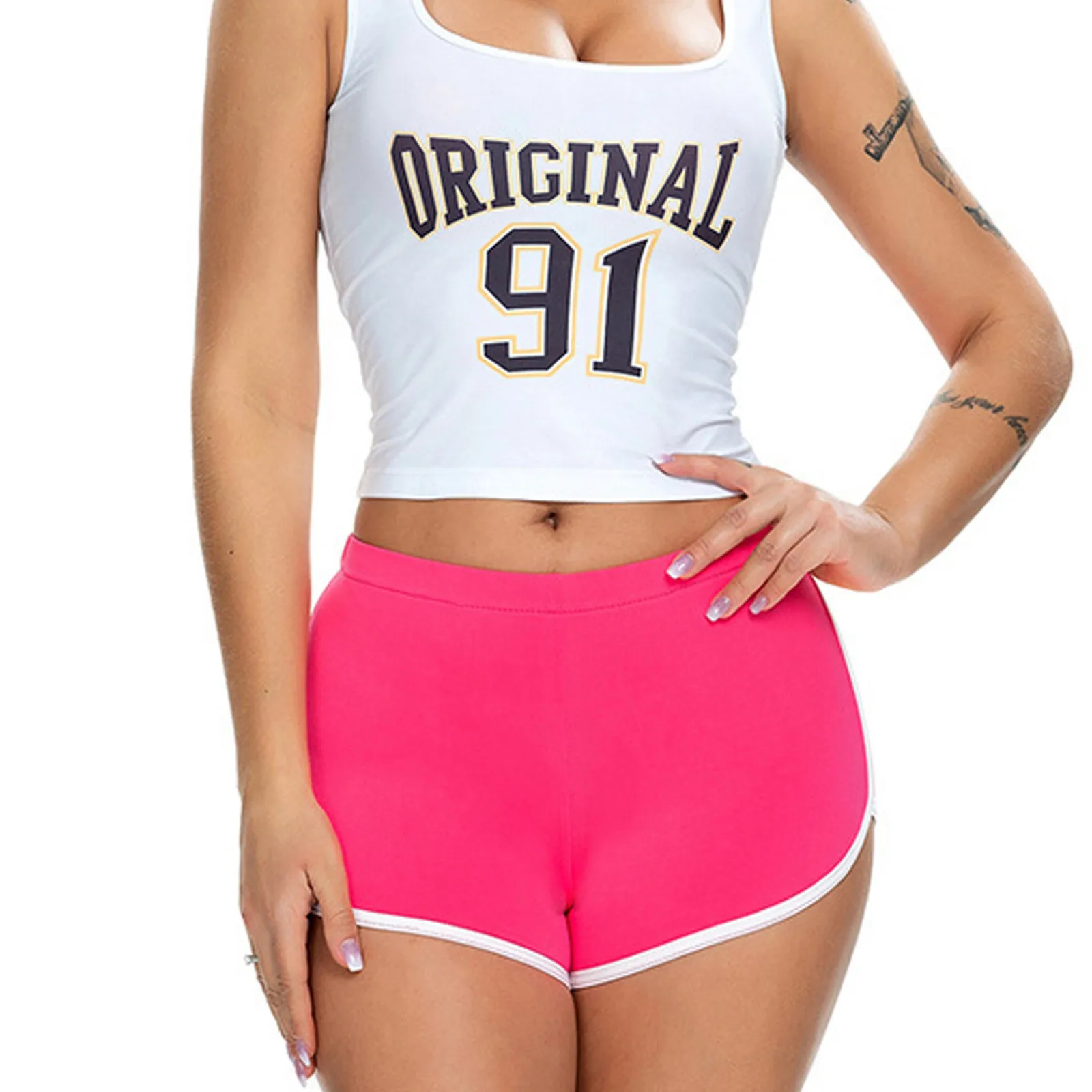 2024 Summer Women\'S Fashion Fitness Shorts Dancewear Gym Workout Summer Mid-Rise Elastic Waistband White Edge Booty Yoga Shorts