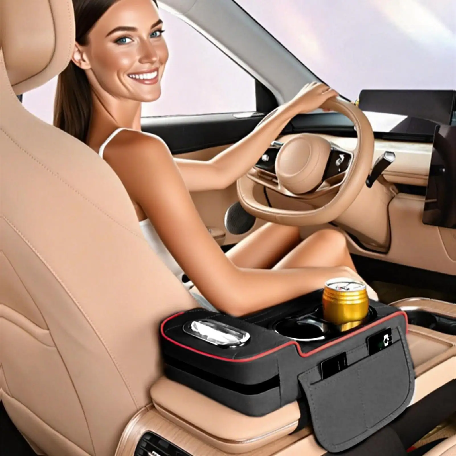 

Arm Rest Cushion For Car Car Armrest Box Heightening Pad With Side Storage Bag With 2 Storage Cup Holder Multifunctional
