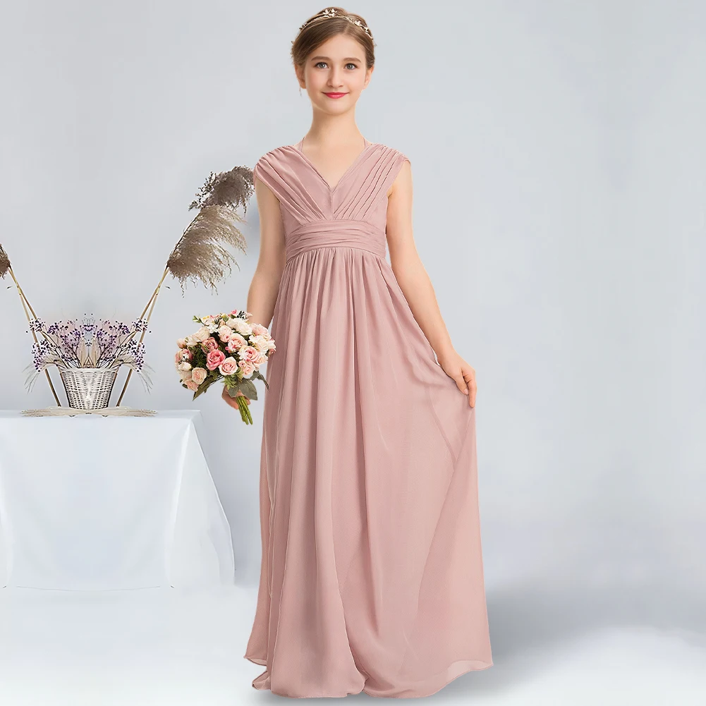 A linha com decote em v até o chão chiffon júnior vestido de dama de honra com arco gracioso empoeirado rosa flor vestido da menina para festa de casamento adolescente