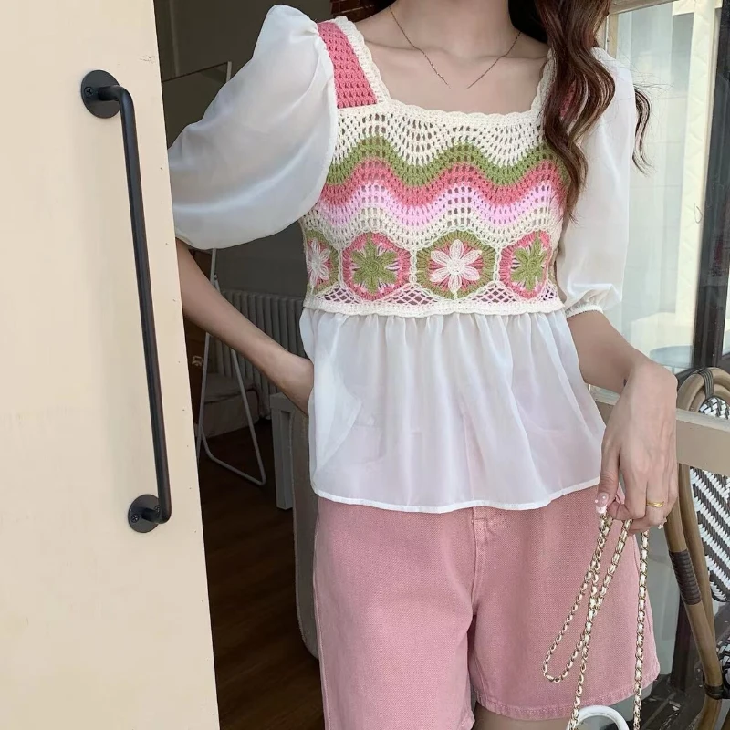 

REALEFT, весенне-летние шифоновые лоскутные женские блузки с вышивкой, новинка 2025, богемные рубашки с короткими рукавами и квадратным воротником, женские рубашки