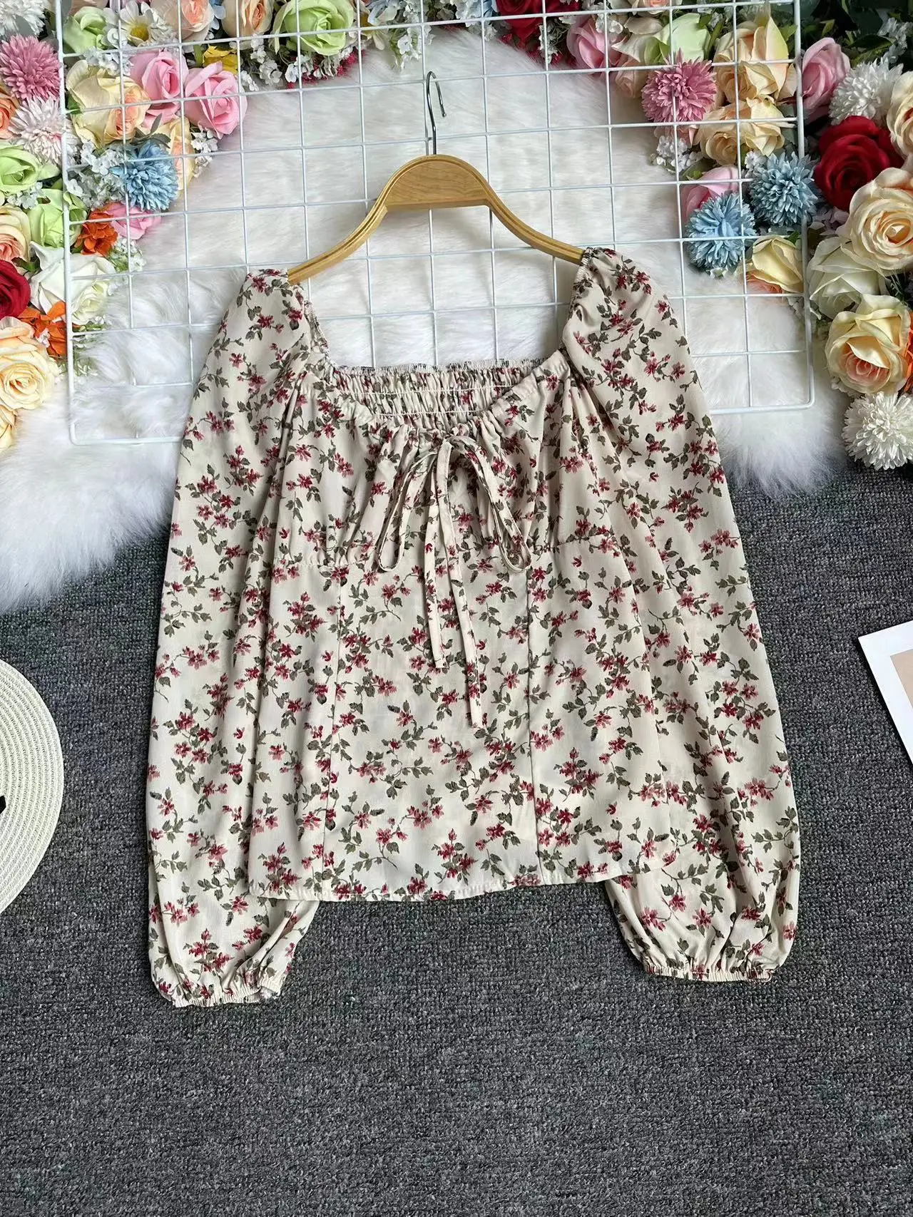 

Floral Print Square Collar Short Fit Shirt Long Sleeve Women's Fashion Design Korean Style Commute Bubble Sleeve Autumn 2023