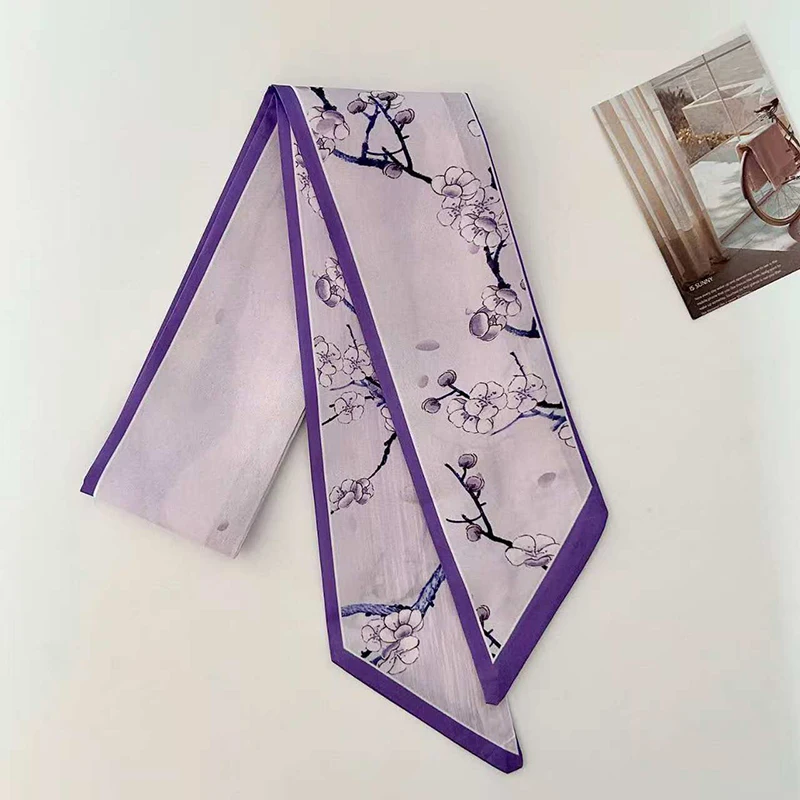 2026 New Arrival Women Plum Blossom Print Skinny Satin Scarf Elegant Hair Bandana Neck Scarves Bag Handle Ribbon Spring Summer image 6