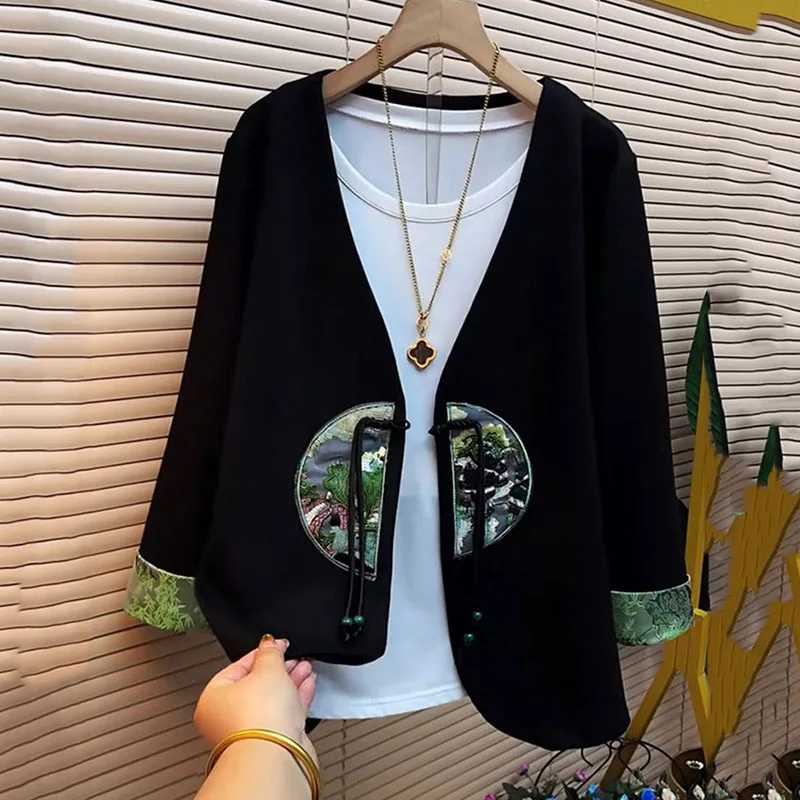 

Black Fashion Embroidery Suit jacket Long Sleeve Women's 2024 Spring V-neck Blazer Coat lady Y2K Loose Short Guofeng Buckle Top