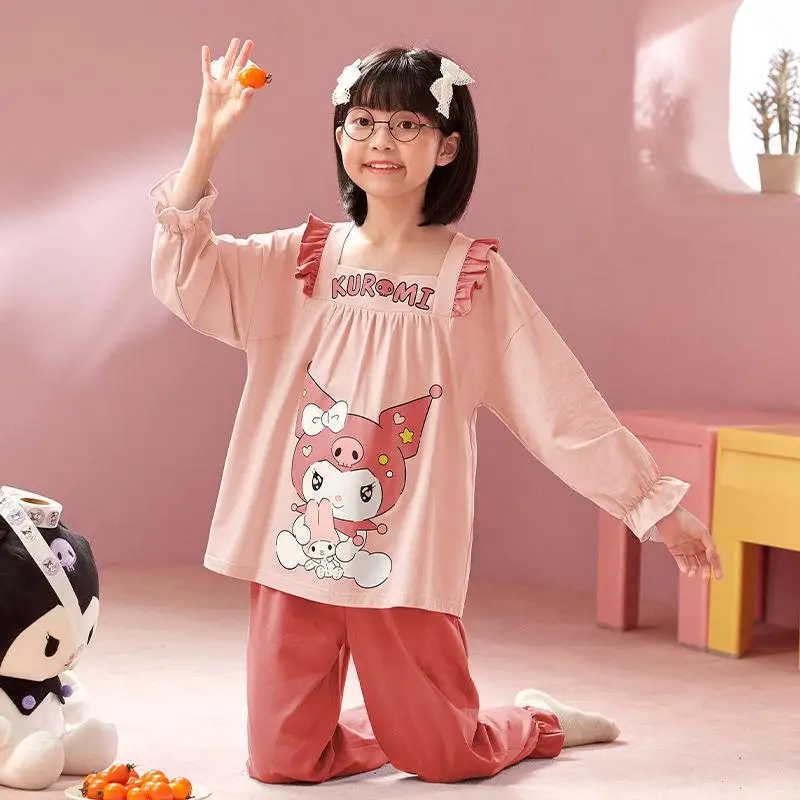 

Пижамные комплекты Sanrio Kuromi для девочек, весенне-осенние штаны из чистого хлопка с длинными рукавами, кавайный новый стиль, повседневная домашняя одежда