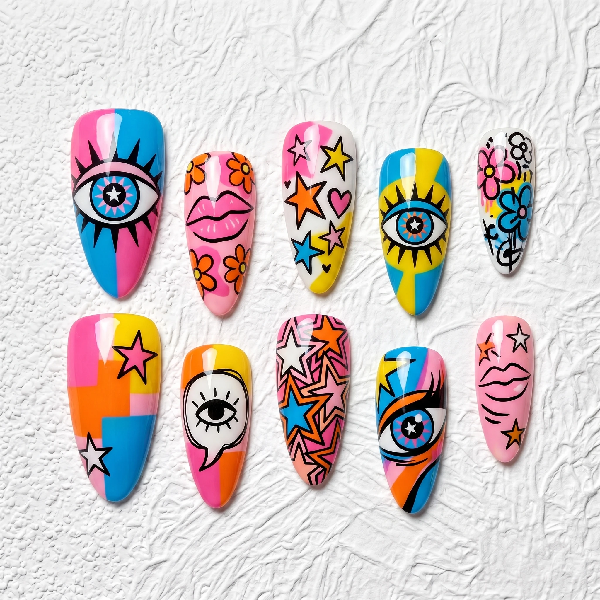

Artisan Handcrafted 10PCS Playful Pop Art Stiletto Press-On Nails | Eye Stars Flowers, Bold Color Blocks, Party Wear