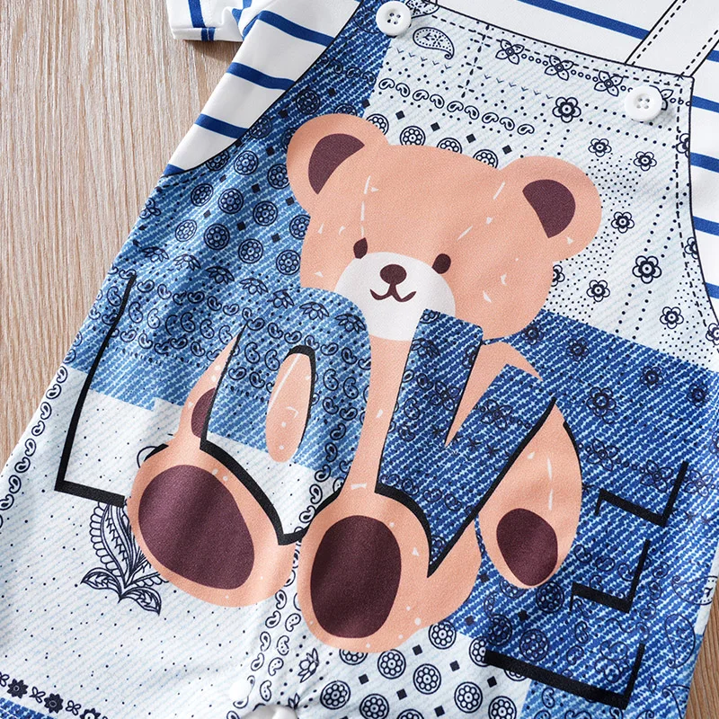Cute Baby Jumpsuit Cartoon Teddy Bear Fake Two-Piece Outdoor Outfit Summer Short Sleeved Baby Boy Outfit