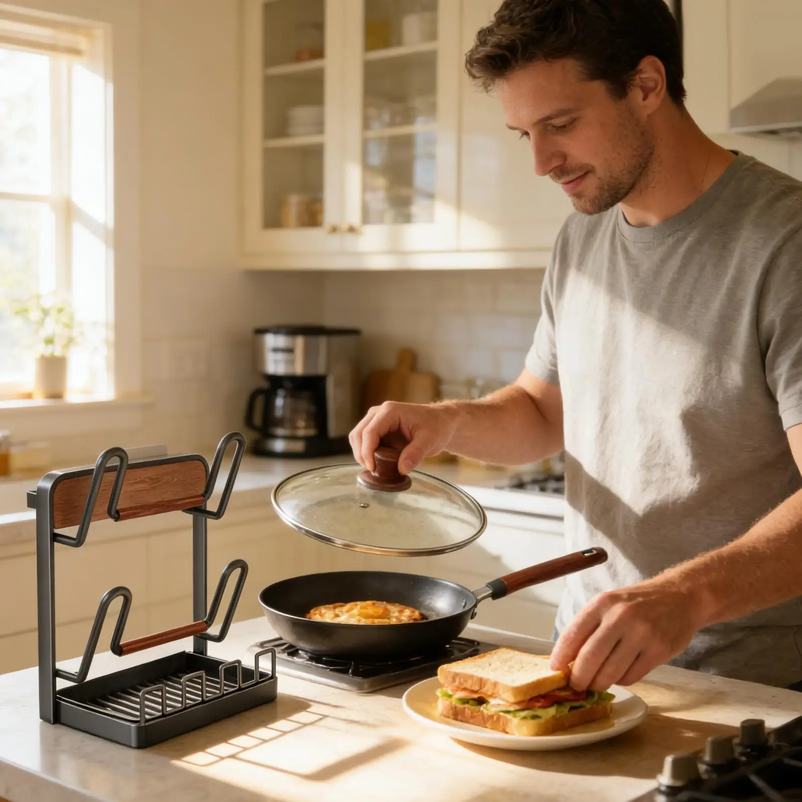 

Держатель для крышек кастрюль, компактное хранение кухонных принадлежностей с поддоном для сбора капель, органайзер для крышек кастрюль и сковородок для дома, квартиры, загородного дома