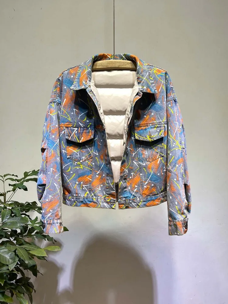 الشتاء النساء أسفل معطف الثعلب الفراء طوق المطبوعة الدنيم الستر بطانة انفصال سترة منفوخة مكتب سيدة واحدة الصدر ملابس خارجية