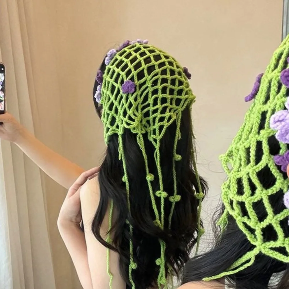 

Pastoral Style Knitted Flower Waist Chain Hairband Elegant Flower Triangular Headscarf Vintage Long Necklace
