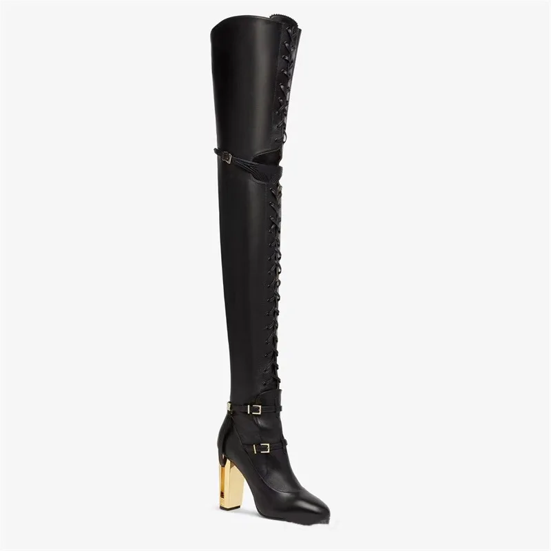 Women's Black Leather Over-The-Knee Boots Lace-Up Detail Gold Heel Buckle Accent Edgy Glam Style for Evening Parties Outfits