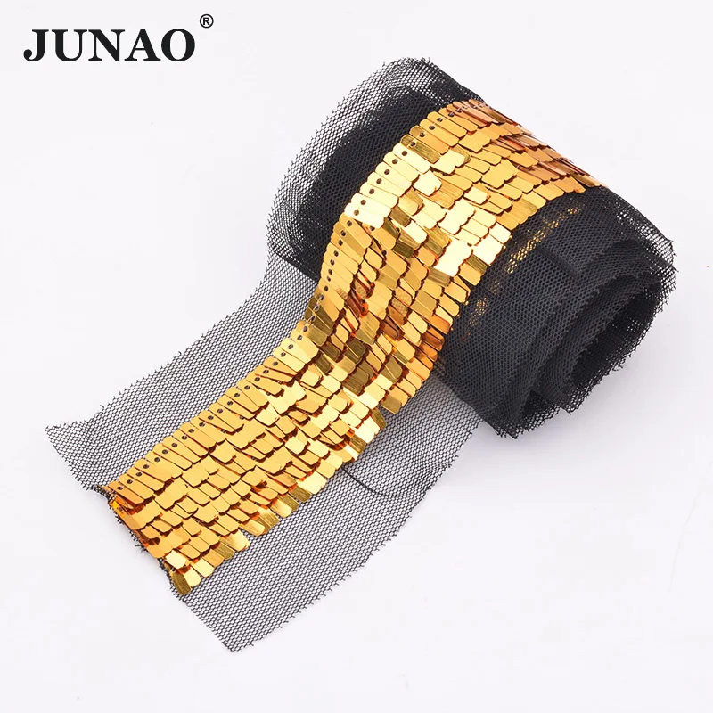 JUNAO 1 Yard 35mm Gitter Black Color Sewing PVC Sequin Ribbon Lace Trim Decoration Paillette Fabric For Scrapbook Crafts