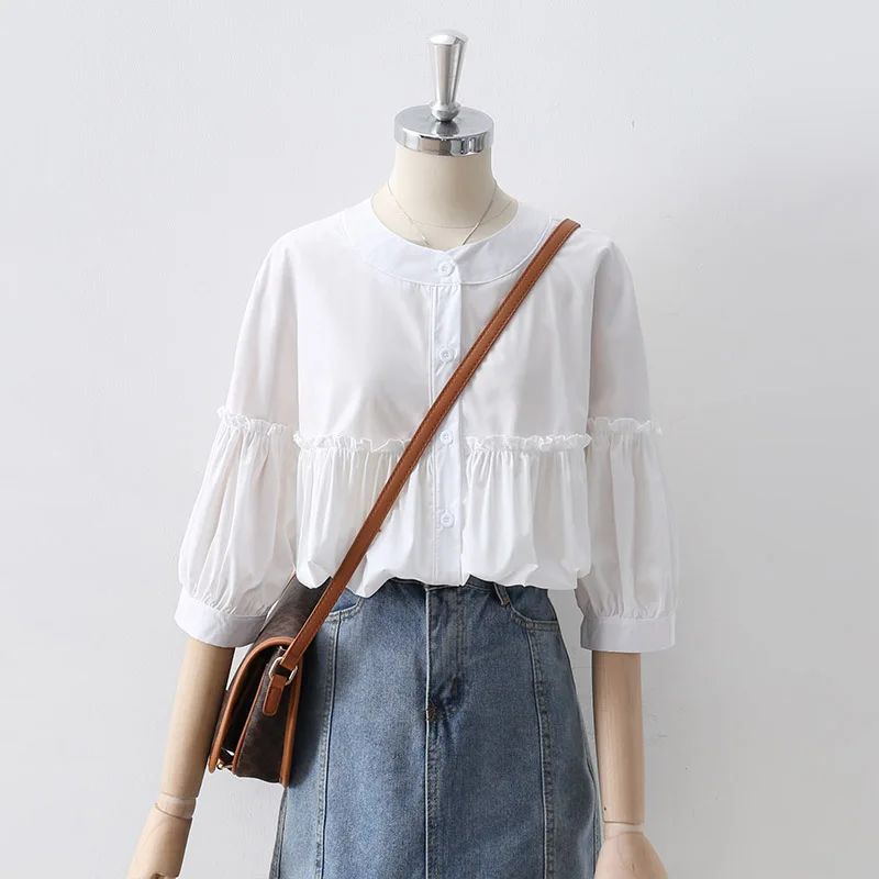 

Pleaded Design White Women Shirts Summer 2022 Half Sleeved Ruffles Loose Elegant Office Lady Outwear Coats Tops