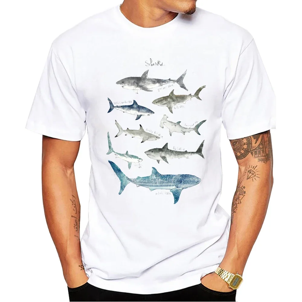 Sharks Printed Harajuku T Shirts Short Sleeve Tshirts Cool Tee Fashion Sea Animal Whales Men T-Shirt Graphic Men Clothing cotton