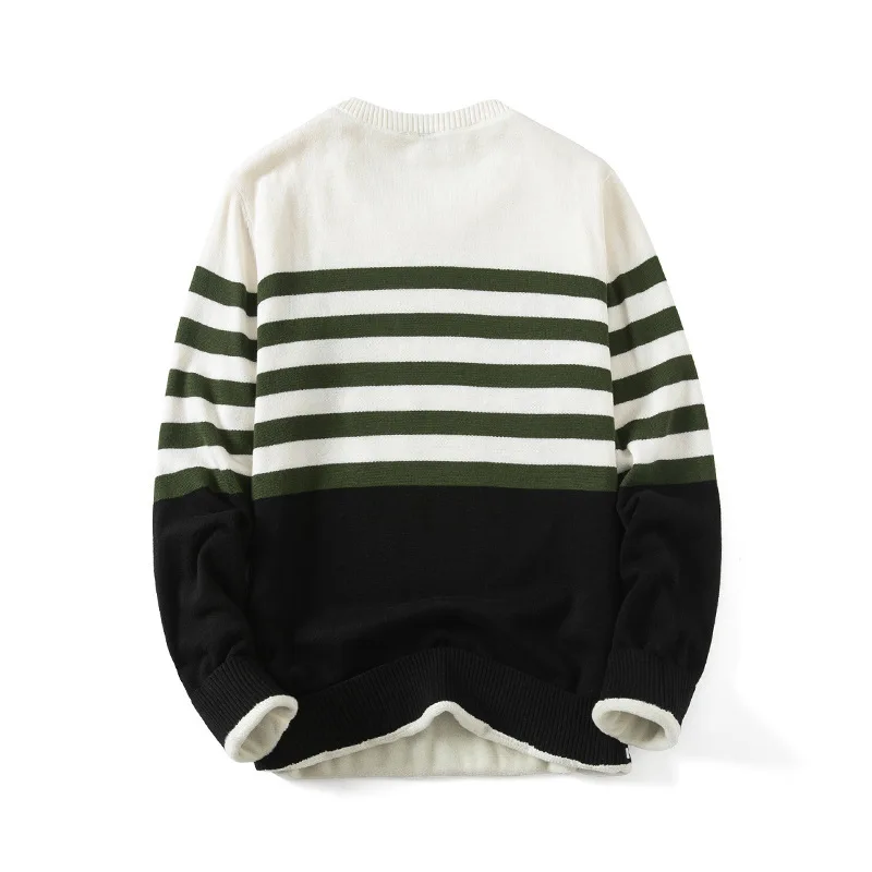 2021 New White Long Sleeve Round Neck Casual Brand Pullover Winter Cotton Stripe Color Matching Plush Thick Sweater Men Fashion