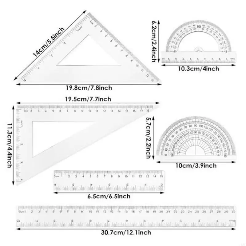 Professional Math Geometry Tool Set with Set Square Protractor Straight Ruler