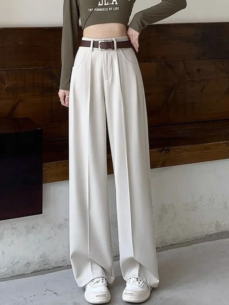 Pantaloni da abito neri Moda donna Primavera allentata Nuovi pantaloni dritti Cintura regalo solida casual Pantaloni a gamba larga a vita alta da donna