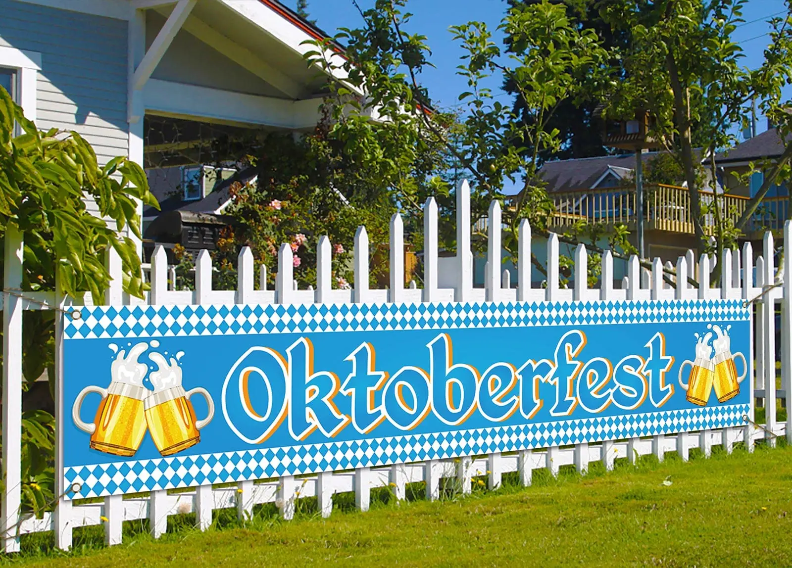 Oktoberfest Fence Banner for German October Fest Themed Party Decoration Blue Bavarian Flag Hanging Banner for Beer Party Supply