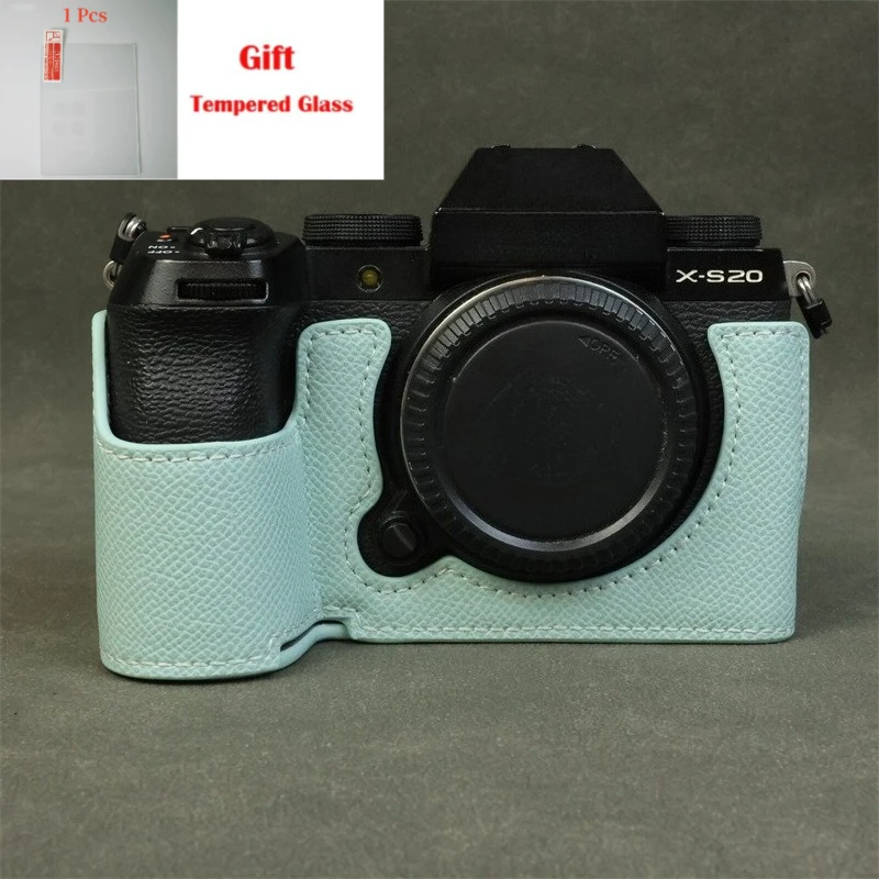 For FUJIFILM Fuji X-S20 camera bag leather case, XS20 protective case handle half cover base case + free tempered film
