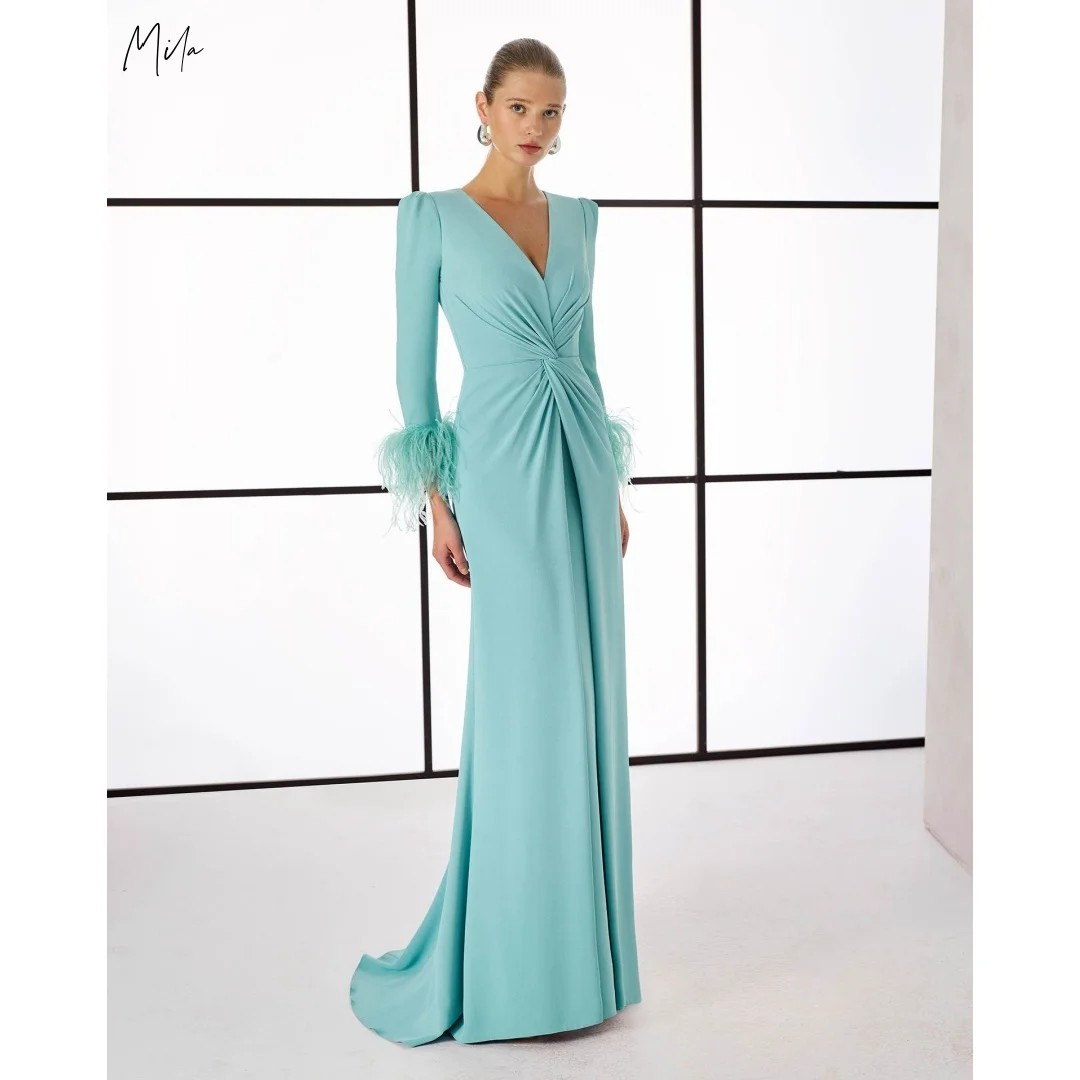 ميلا نساء أخضر نعناعي على شكل حرف v فساتين لحضور الحفلات الموسيقية كم طويل ريشة الكفة تويست الجبهة مخصصة مساء رسمي vestidos de gala 2025