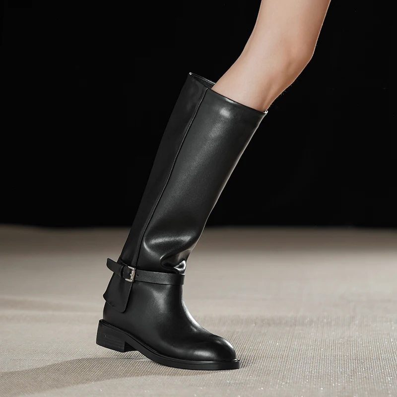 2026 Designer Black Street Riding Boots Motorcycle Knight Boots Chunky Heel Casual Leather and Fiber Rider Shoes Lady Knee Botas