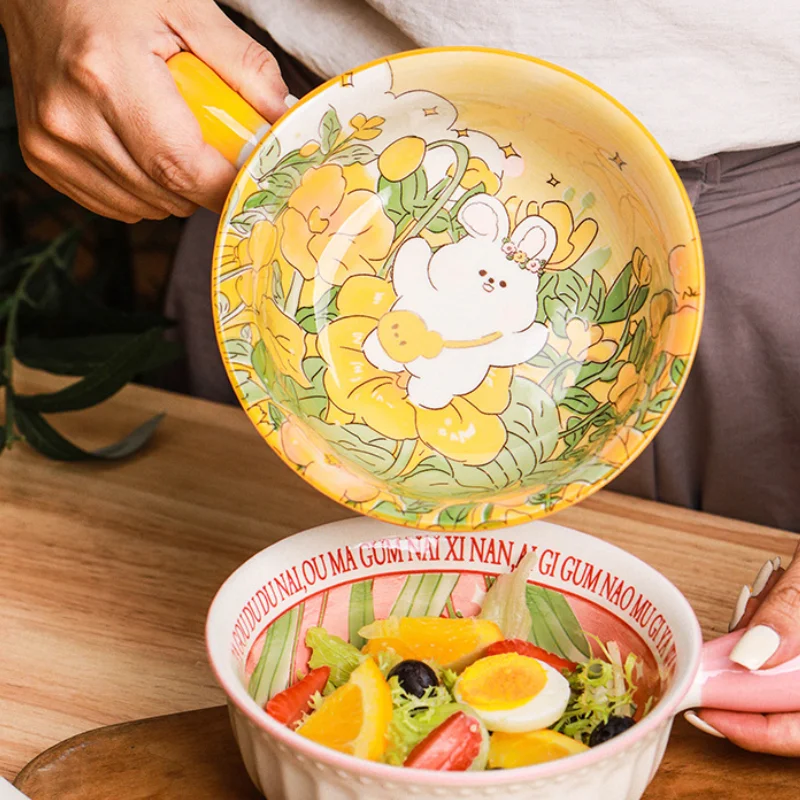 Household Single Handle Ceramic Bowl Noodle Bowl Cute Rabbit Design Large Bowl Creative Restaurant Flower Bowl Home Decoration