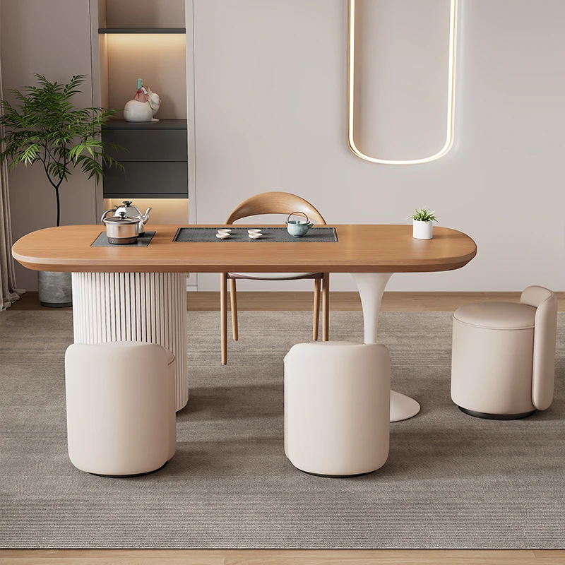 

Balcony small tea table integrated cream wind solid wood tea table and chair combination household tea table log simple and mode