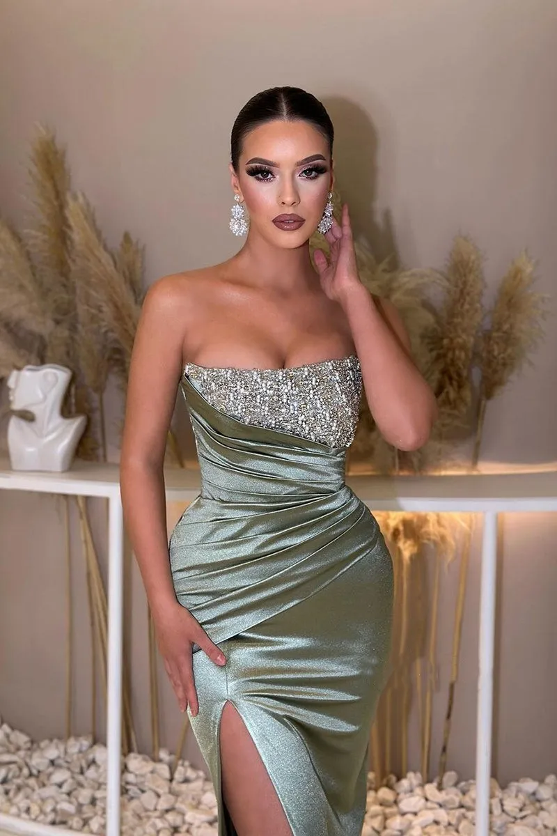 Beaded Prom Dresses Strapless High Slit Removable Skirt Mermaid Green Formal Party Women Pleats Elastic Satin Long Evening Gowns