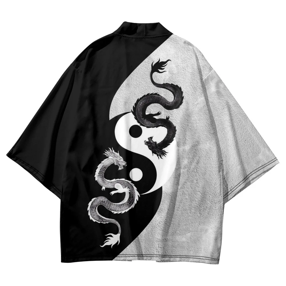 

Cartoon Chinese Tai Chi Black White Dragon Printed Streetwear Casual Japanese Kimono Beach Shorts Yukata Harajuku Cardigan