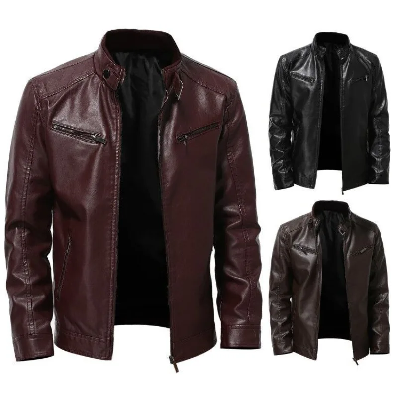 Men Slim Fit Lapel PU Motorcycle Leather Jacket Casual Fashion Autumn Anti-wind Coat Chaqueta Moto Cuero Sintetico Universal