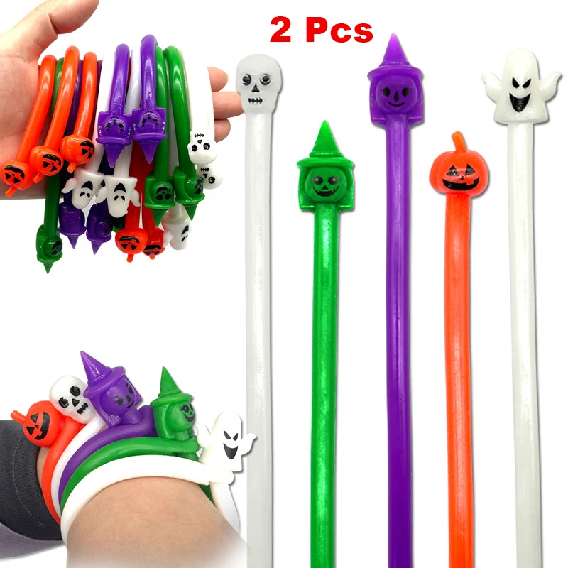 

2Pcs Novelty Funny Noodle Elastic Rope TPR Soft Elastic Pumpkin Head Skull Lala Le Bracelet Halloween Decompression Venting Toys