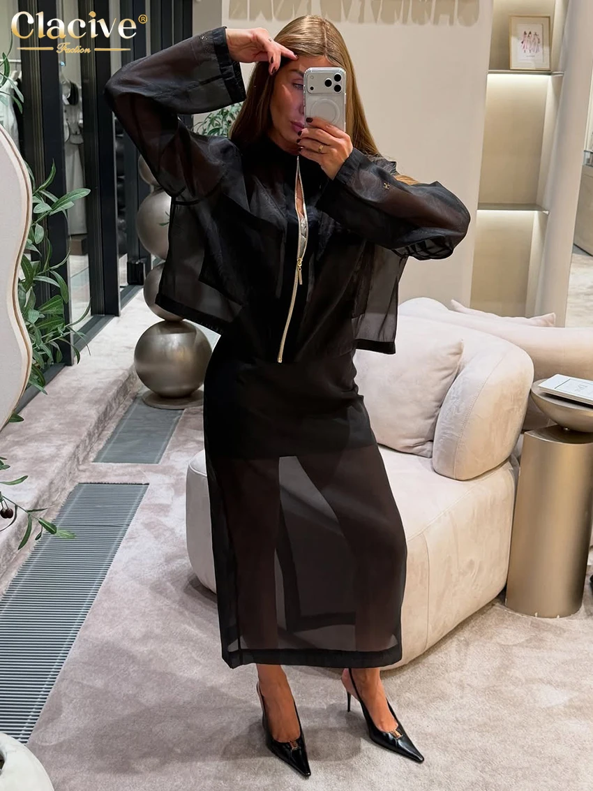 

Clacive Sexy Loose Black Skirt Set 2 Piece Woman 2026 Fashion Long Sleeve Shirt With High Waist Long Skirt Set Female Clothing