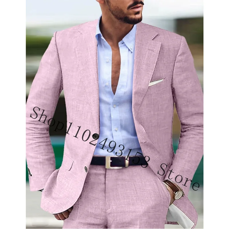 Blue Men\'s Linen Suit 2 Piece Set Casual Slim Fit Men Suits Groomsmen Tuxedos Wedding Blazer Pants Costume Homme Mariage