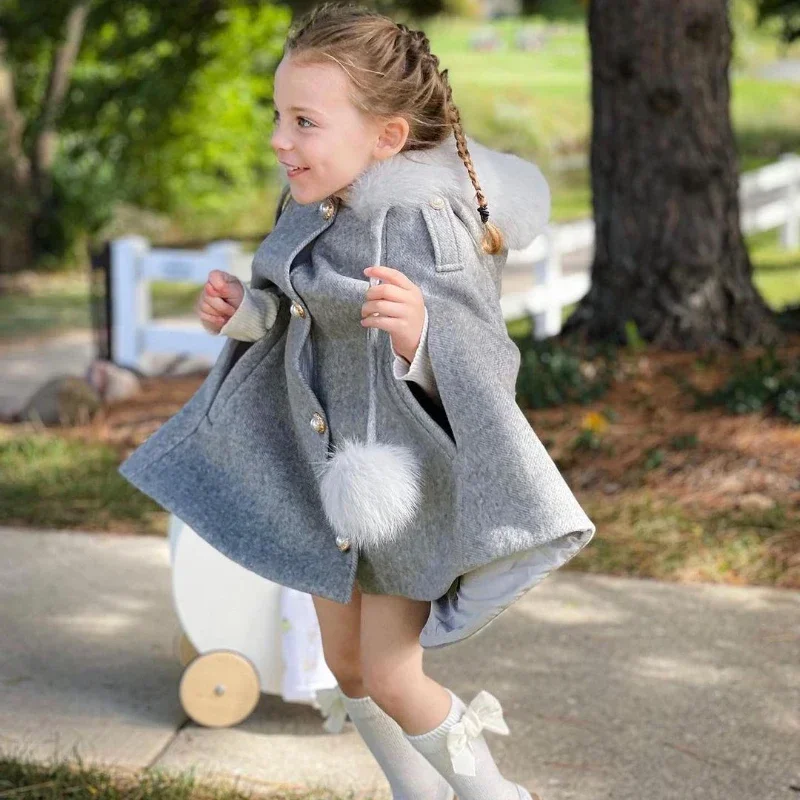 Winter Girls\' Wool Cape Fox Fur Collar Cloak Coat Children\'s Princess Baby New Years Woolen Shawl Christmas Clothes for Girls