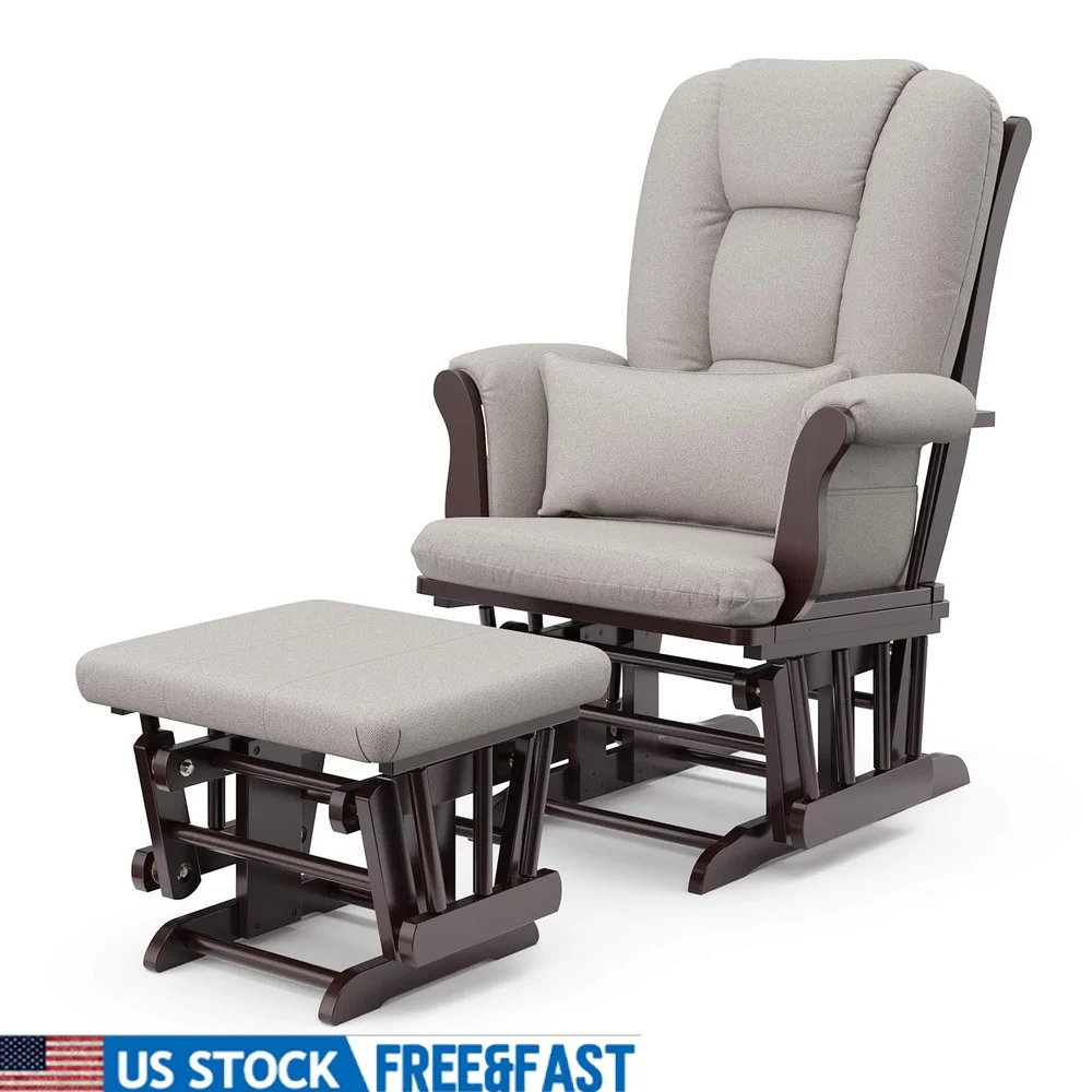 

Custom Glider and Ottoman with Lumbar Pillow Smooth Rocking Motion Durable Wood Construction Storage Pocket Nursery Relaxation