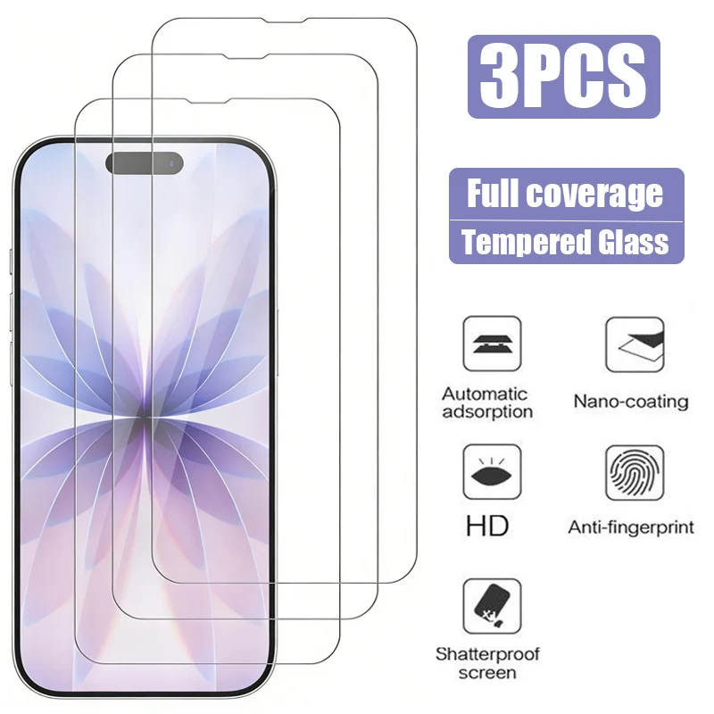 

3PCS Full Cover Tempered Glass For IPhone 17 16 15 14 13 12 11 Pro Max 15 Plus 13Mini 16E 17E X Xr Xs Max Screen Protector