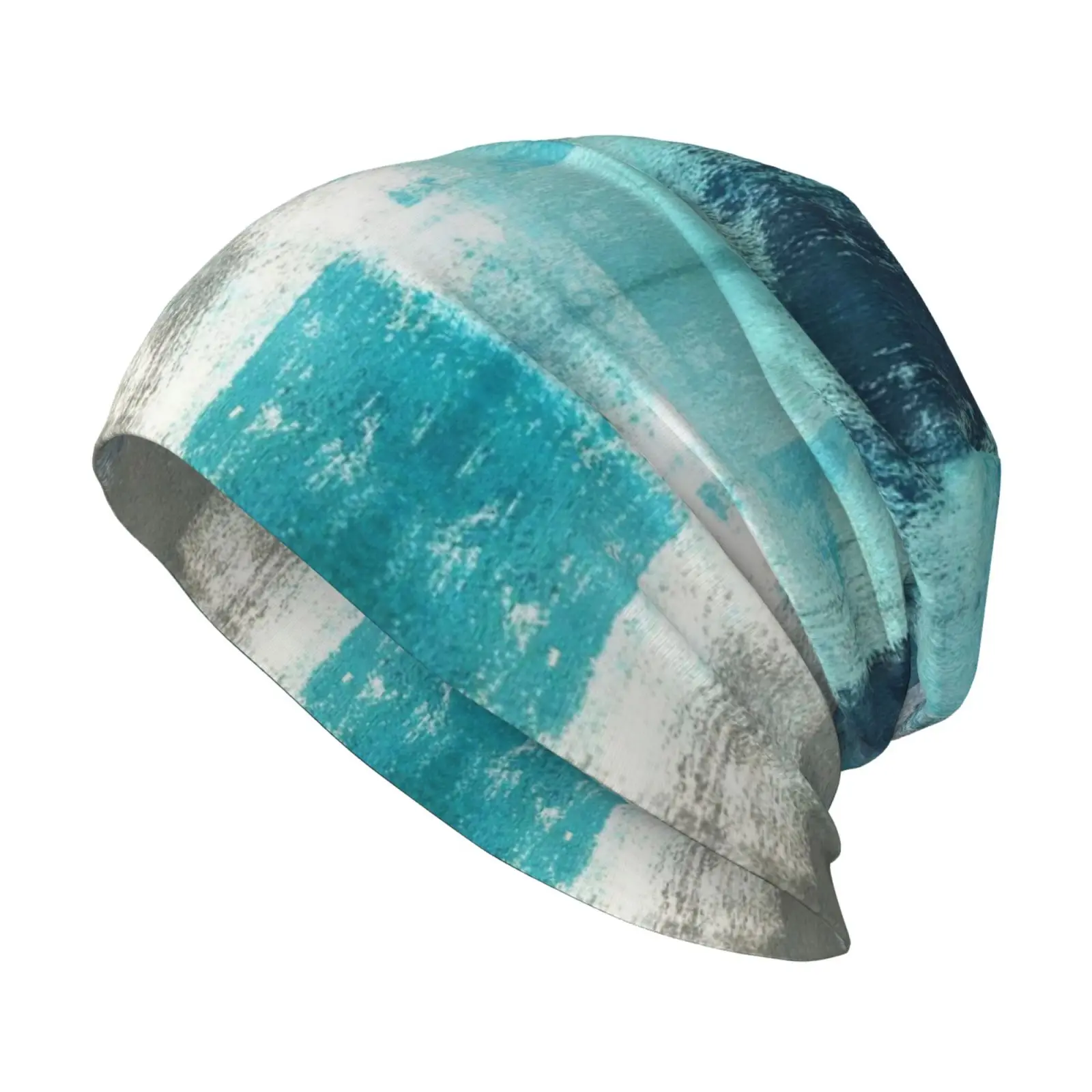Blue Green and Gray Abstract Printed Knitted Soft Elastic Yarn Cap Loose Fitting Universal Chemotherapy Cap Cancer Headband