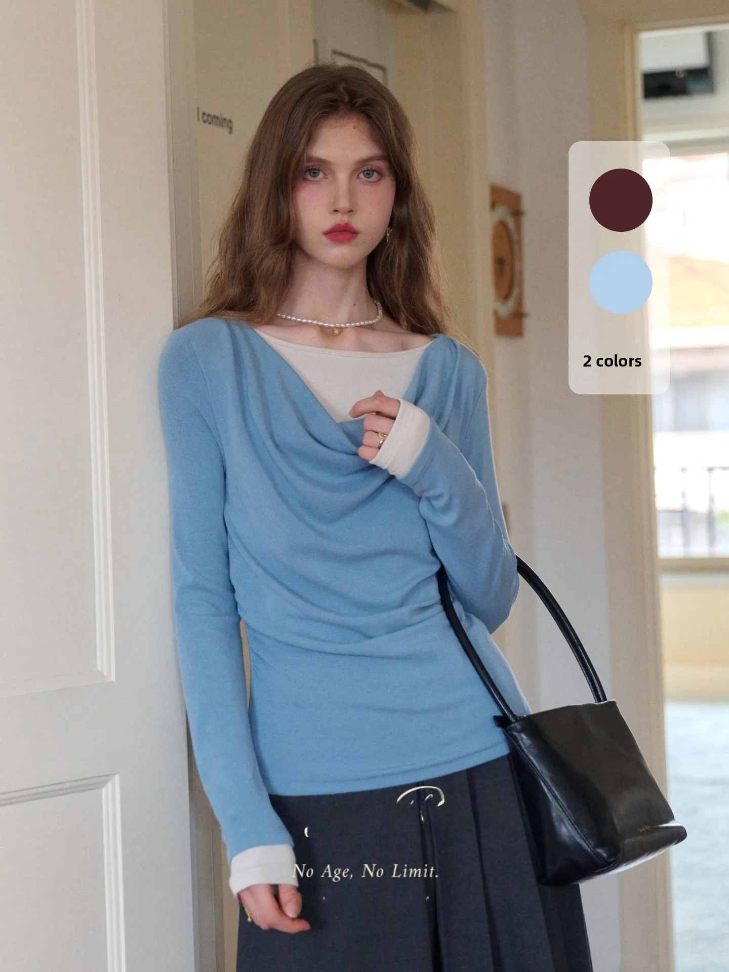 

French Style Long Sleeve T-Shirt Women's Spring Design Color Block Fake Two-Piece Sling Neck Top Simple Retro Afternoon Breeze