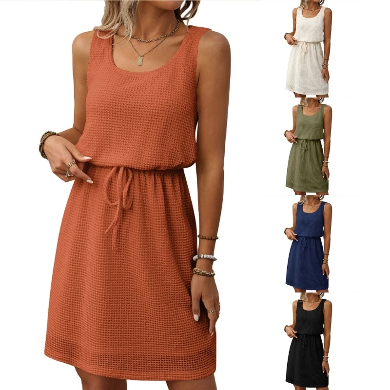 

Women's knit suspender A-line dress with square neck and sleeveless design 6XDA