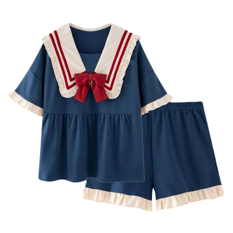 Pajamas Two-Piece Female Spring and Summer New Short-Sleeved Princess Navy Wind Sweet and Cute Students Cartoon Ladies Homewear