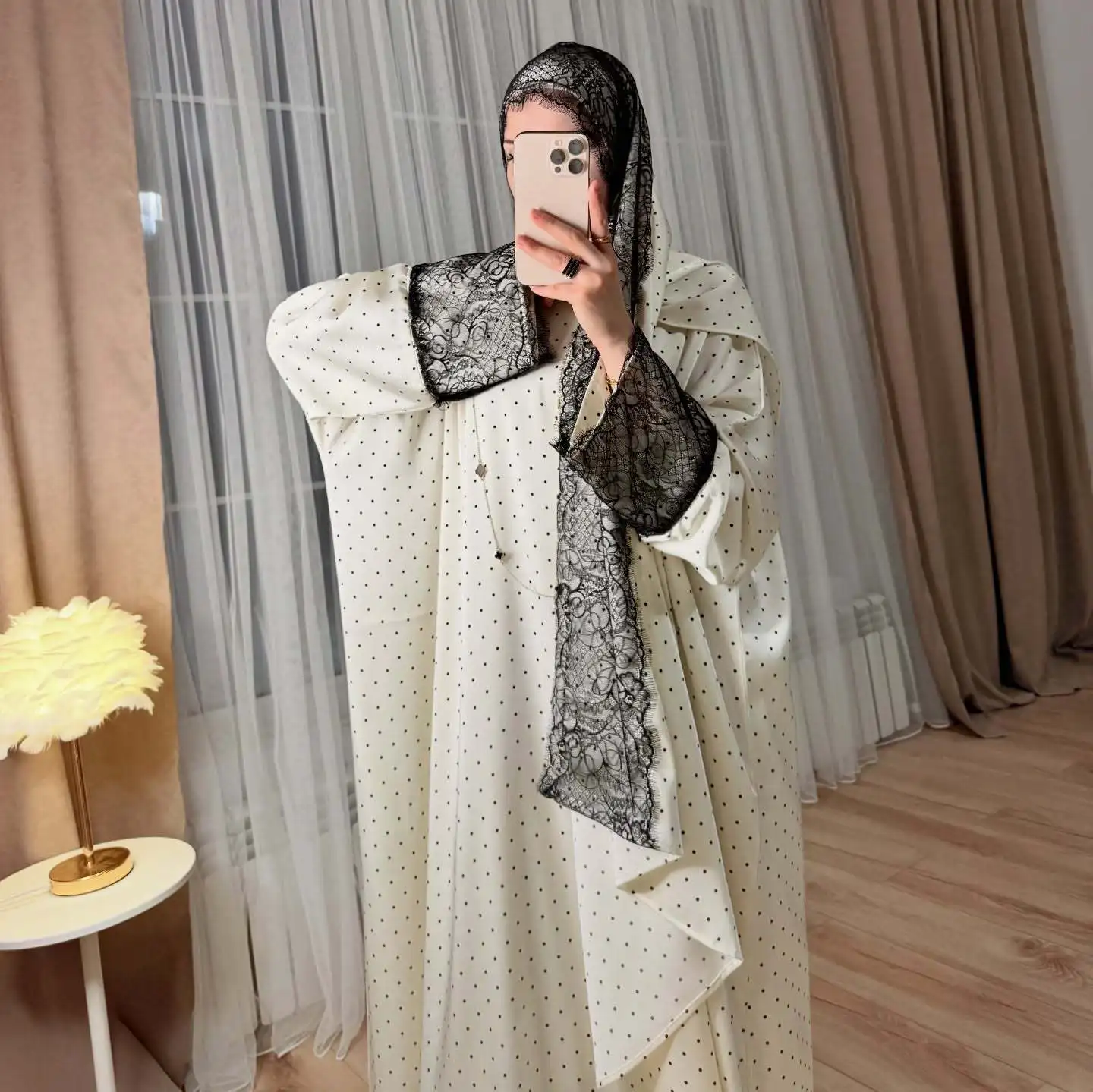 Dress Hijab Suit Women Eid Muslim Dresses Khimar 2 Piece Set Lace Wave Dot Print Robe Ramadan Morocco Kaftan Vestidos Jalabiya