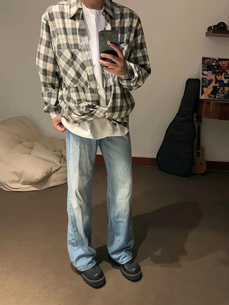 

Light Blue Slim Straight Men's Jeans Casual Versatile Not Tight Leg Micro Flared Pants High Street American Sle Jeans