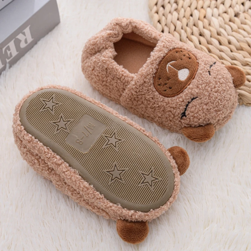 Toddler Boy Slippers for Kids Indoor Winter Cartoon Animal Bear Plush Warm House Footwear Soft Rubber Sole Home Shoes Baby Items