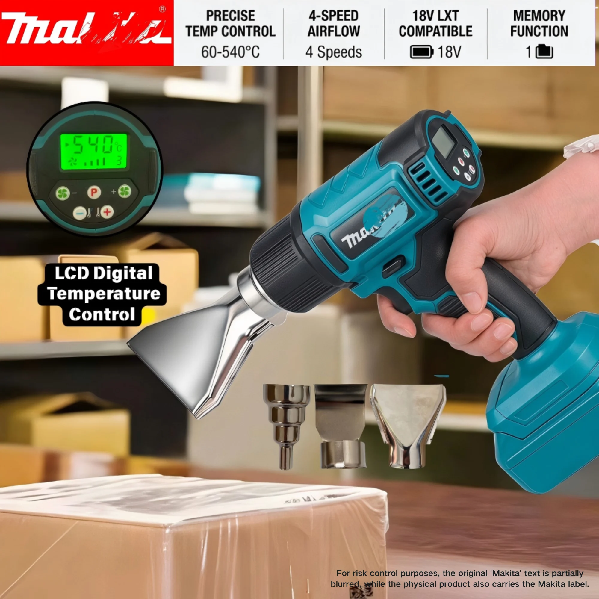 HAOLTON Electric Heat Gun Cordless Handheld Hot Air Gun with 3 Nozzles Industrial Home Hair Dryer For Makita 18V Battery Pin