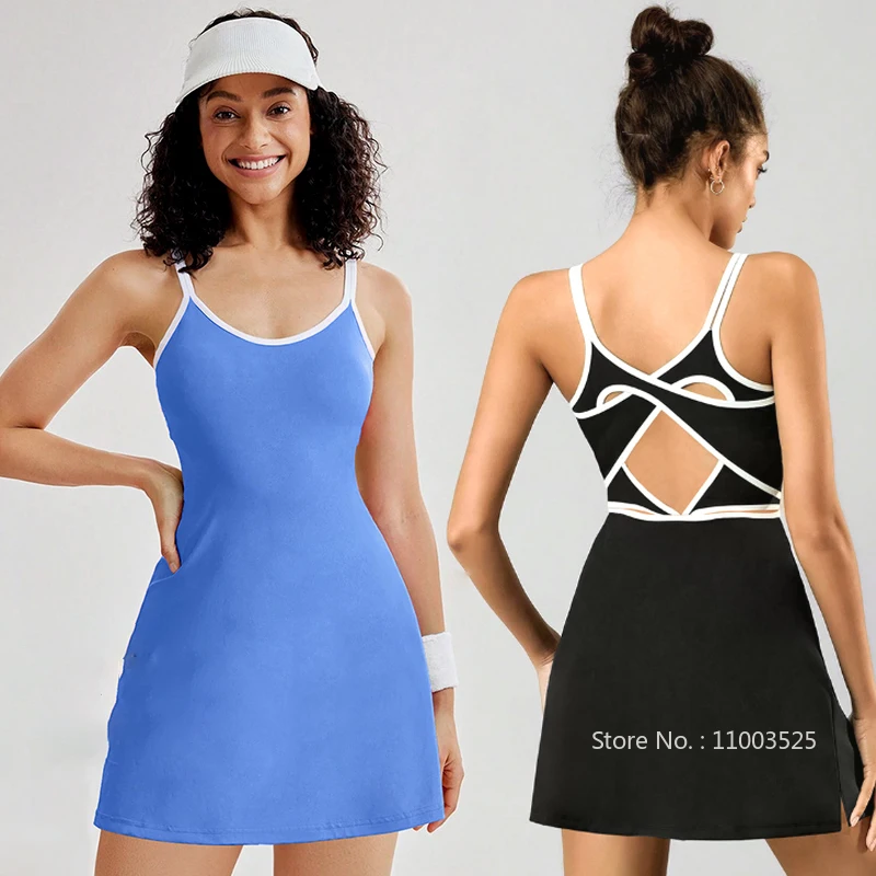 

Summer Women Tennis Dress with Bra and Short Slim Backless Hollow Golf Dresses Ladies Sportswear Sexy Badminton Yoga Skirts
