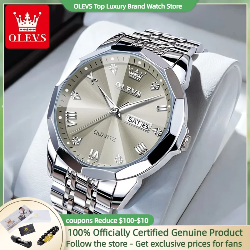 OLEVS 9931 Classic Rhombus Waterproof Quartz Men's Watch for Casual Business Dating Week Diamond Dial Stainless Steel Men Watch