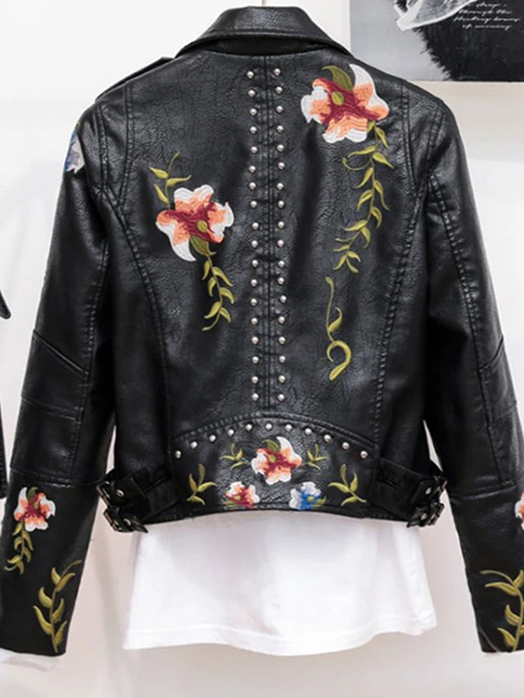 Ailegogo femmes Vintage imprimé fleuri broderie Pu Faux cuir veste printemps automne femme fermeture éclair Punk Moto Biker manteau vêtements d'extérieur