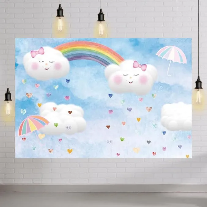 

Cartoon Rainbow White Clouds Backdrop Blue Sky Sweet Umbrella Hearts Smile Face Clouds Photography Background